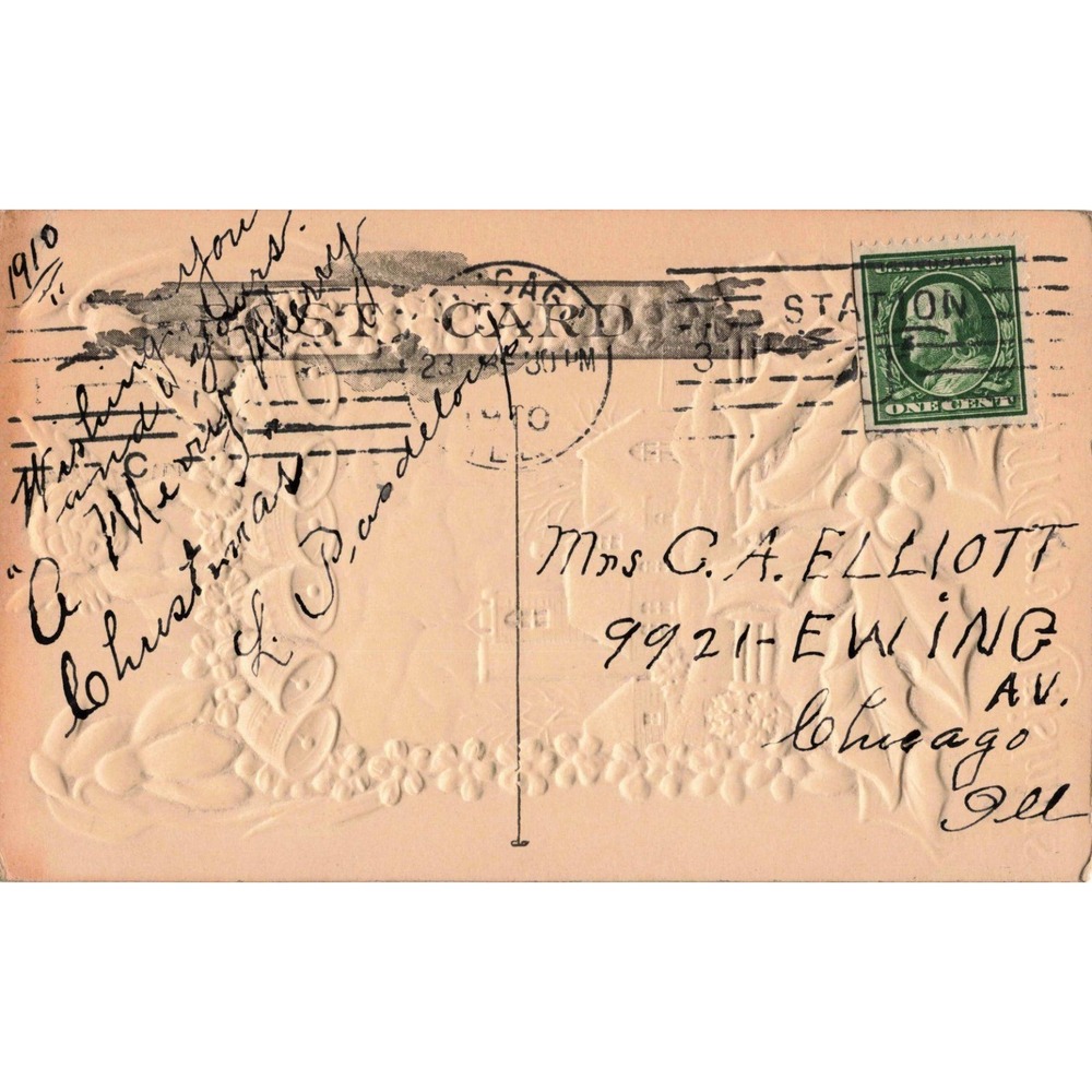 Antique Embossed Christmas Postcard 1910 Winter Village Bells Cherub Chicago IL - Picture 2 of 2